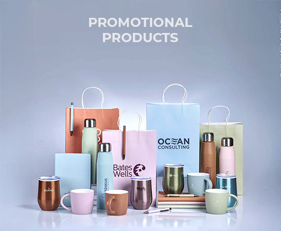 Promotional products including mugs, bottles, and bags with branding on a light blue background.